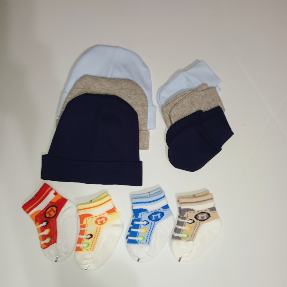 Newborn Boys 6-Pack Beanie & Sock Set - Navy, White, Beige, Multicolor